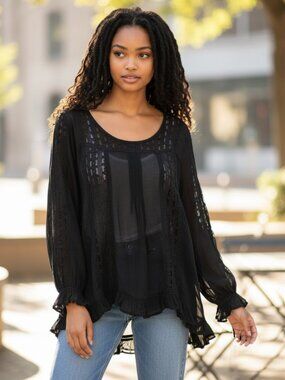 World Market Size S Black Sheer Lace Blouse Top Ruffle Hem Whimsigoth Flowy